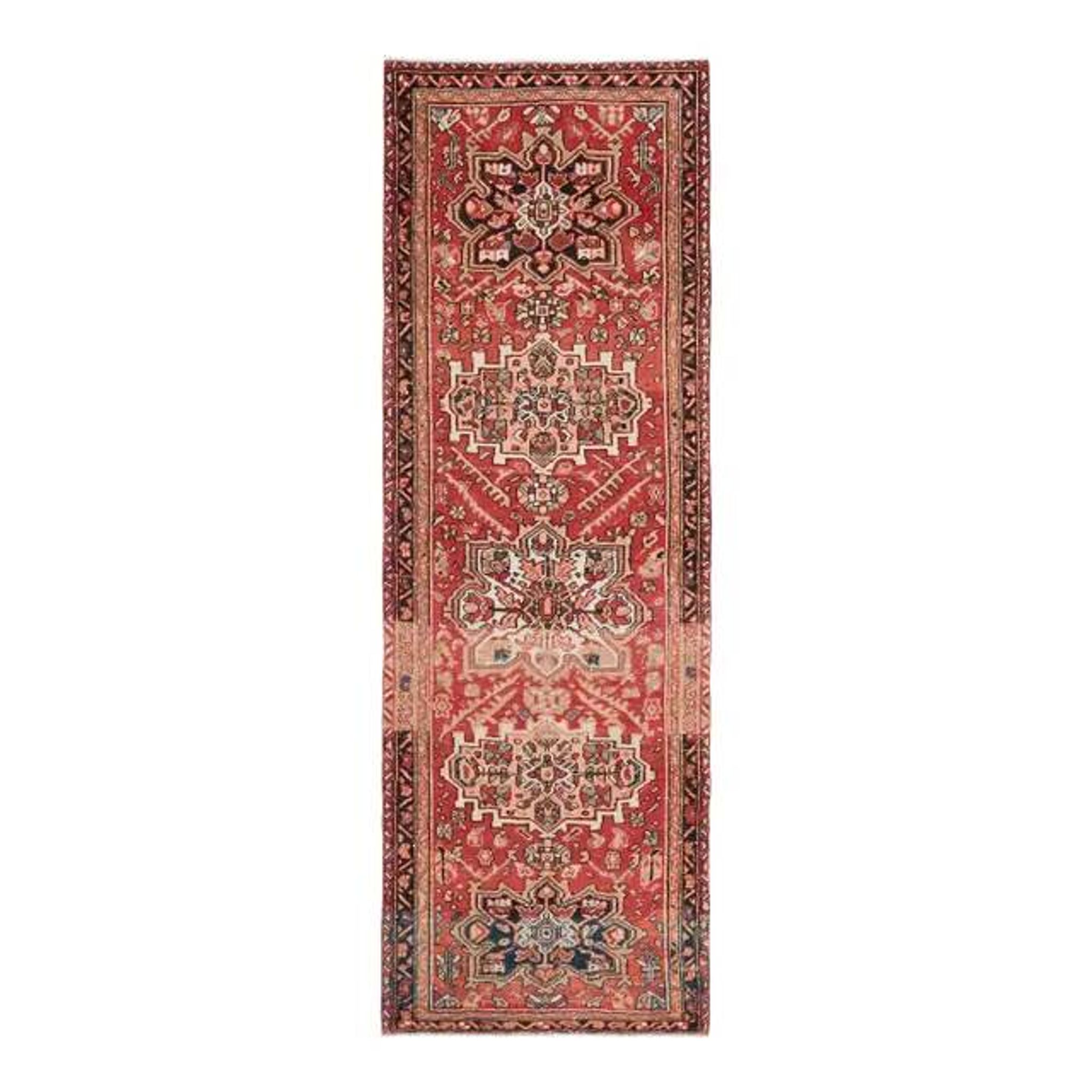 1970s Vintage Turkish Oushak Handmade Wool Cotton Red Runner Rug 101x305
