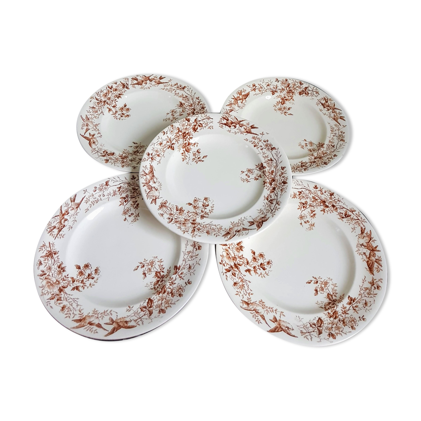 Set of Five Antique French Ceramic Plates with Birds and Flowers - Longwy - late XIX century