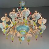 Venetian chandelier in multicolored Murano glass predominantly milky white, 12 arms of light