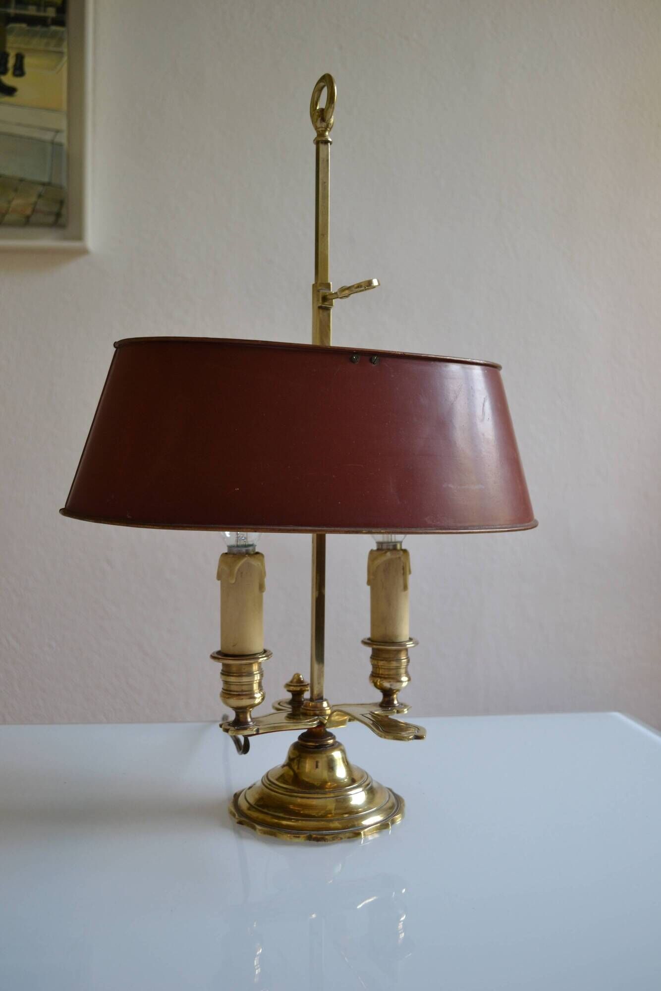 hot water bottle lamp with 2 bronze lights and burgundy sheet metal lampshade