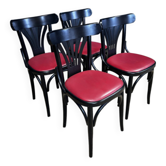 Ensemble de 4 chaises bistrot noires et skaï rouge France
