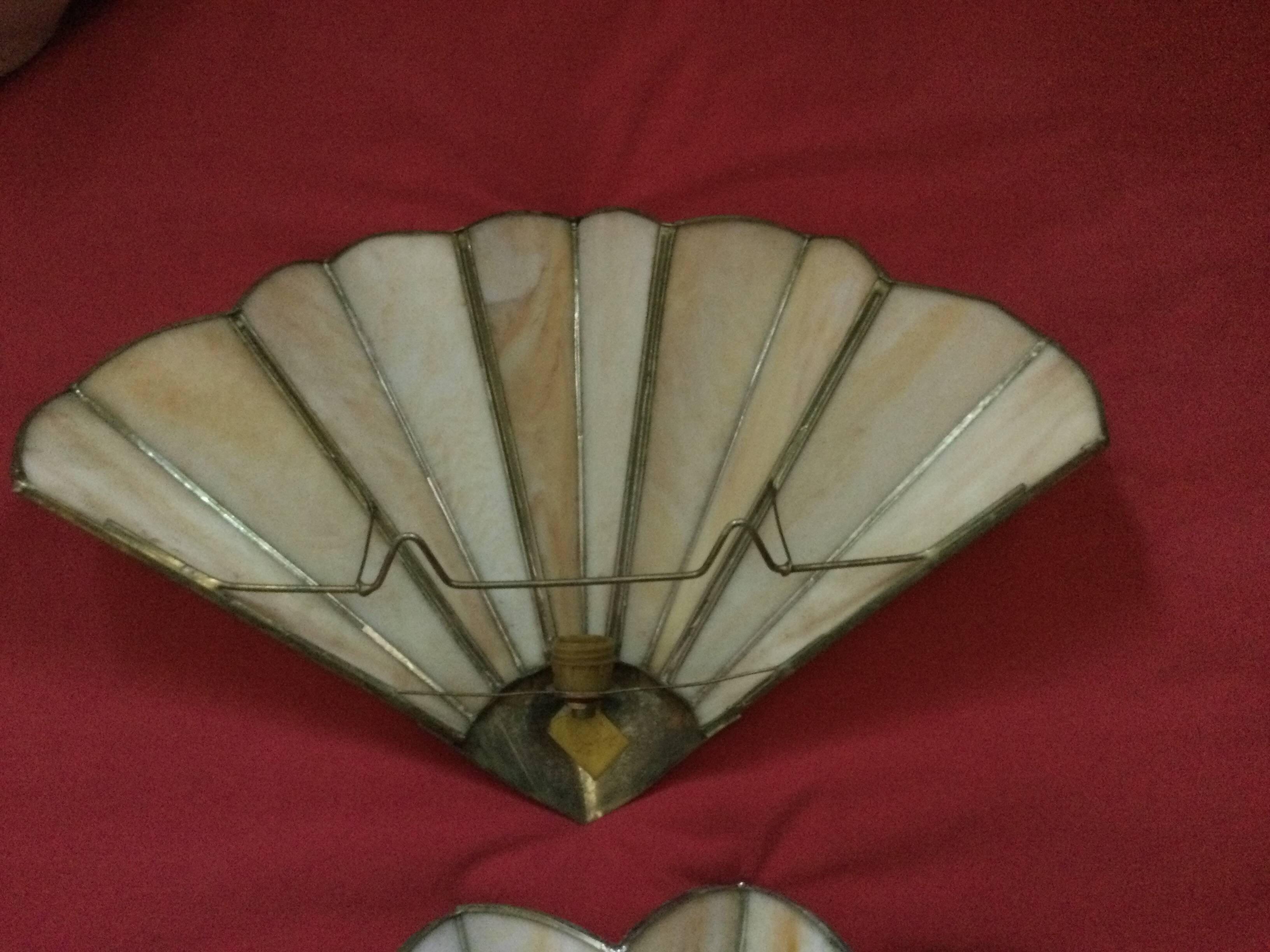 2 art deco fan-shaped wall lights in pearly glass paste and brass