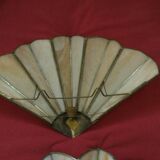 2 art deco fan-shaped wall lights in pearly glass paste and brass