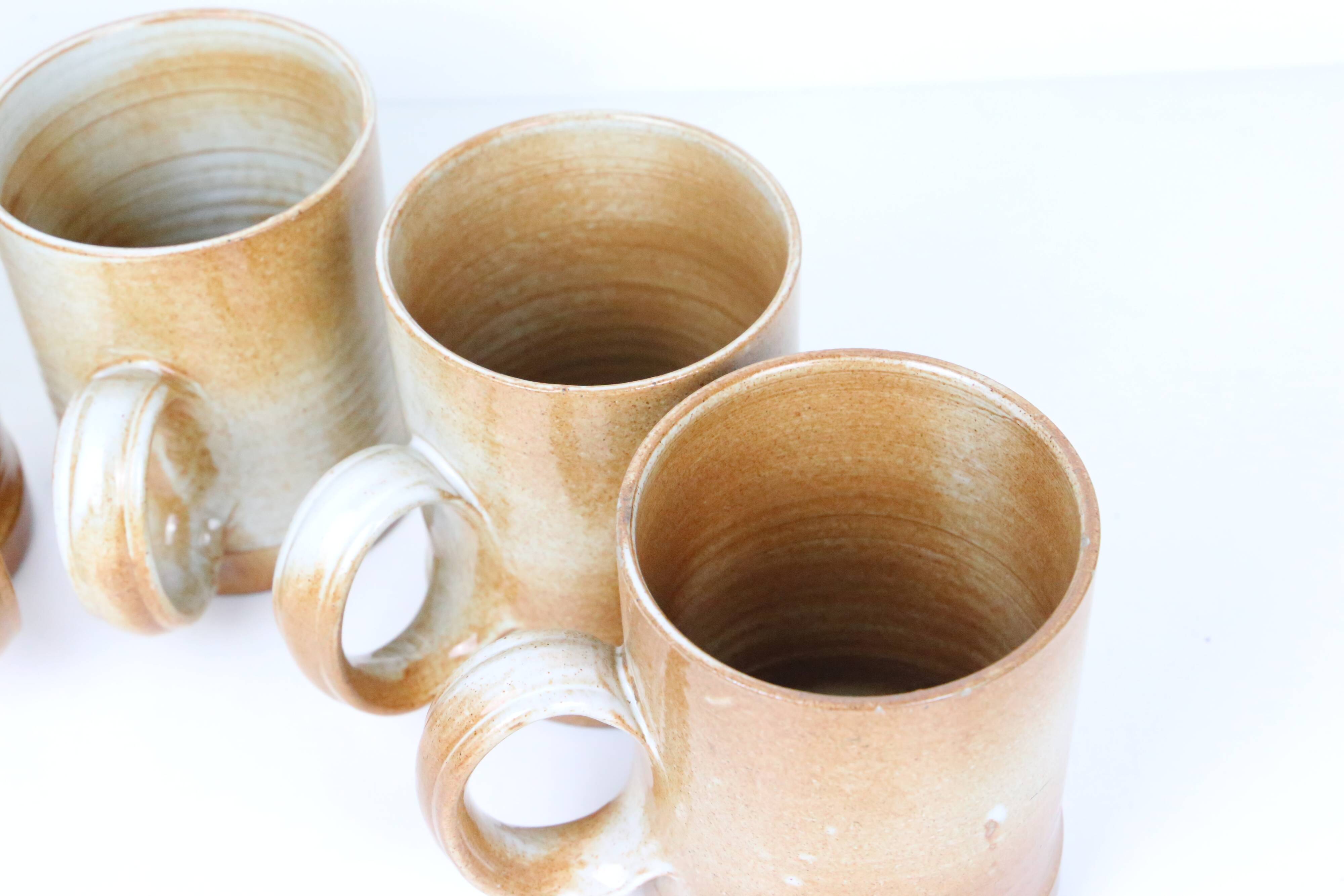 Set of 4 stoneware mugs, artisanal pottery, 1980