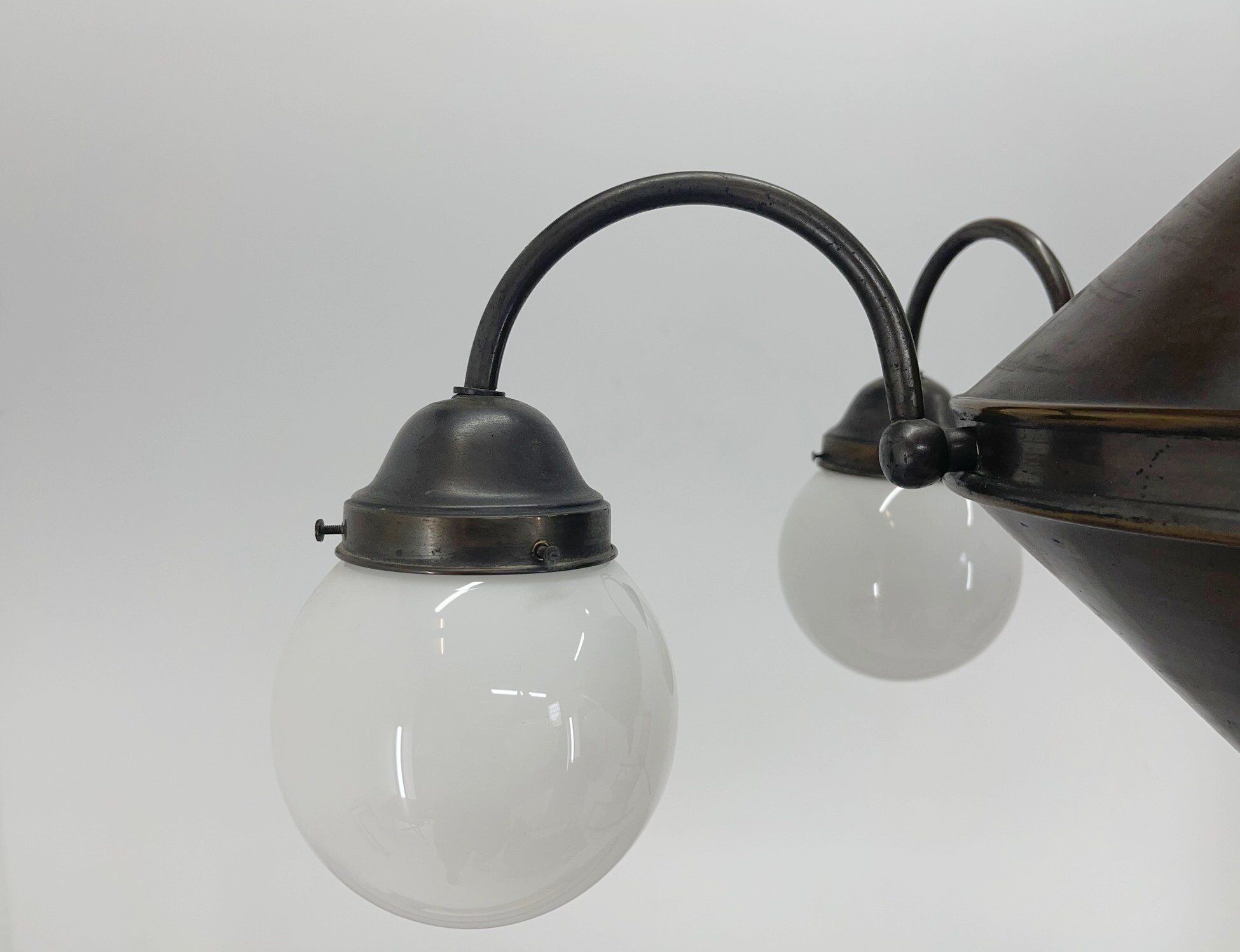 Art deco metal and milk glass chandelier, 1930's