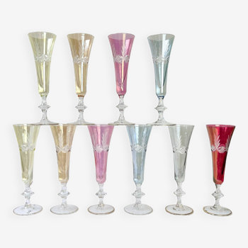 10 flûtes à champagne cristal ciselé coloré vintage