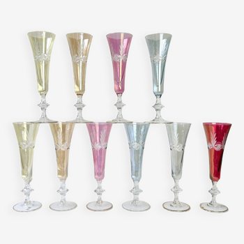 10 vintage colored chiseled crystal champagne flutes