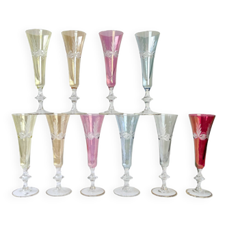 10 vintage colored chiseled crystal champagne flutes