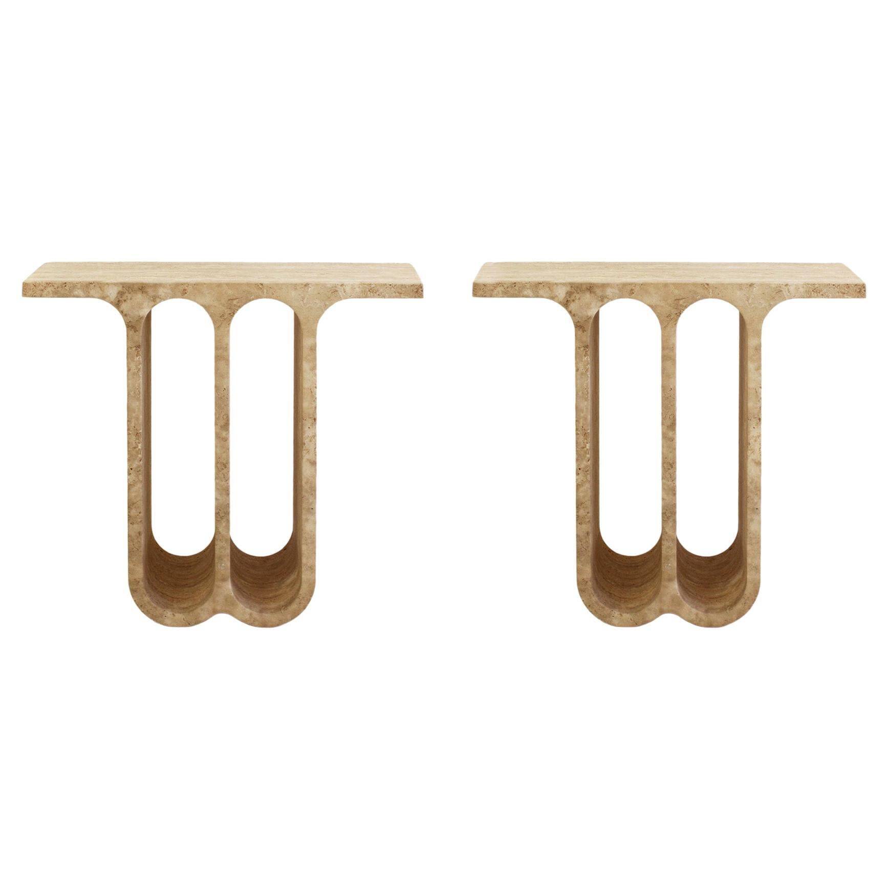 Modern Pair of Italian Ivory Travertine Consoles with Semi-Circular Arches