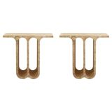 Modern Pair of Italian Ivory Travertine Consoles with Semi-Circular Arches