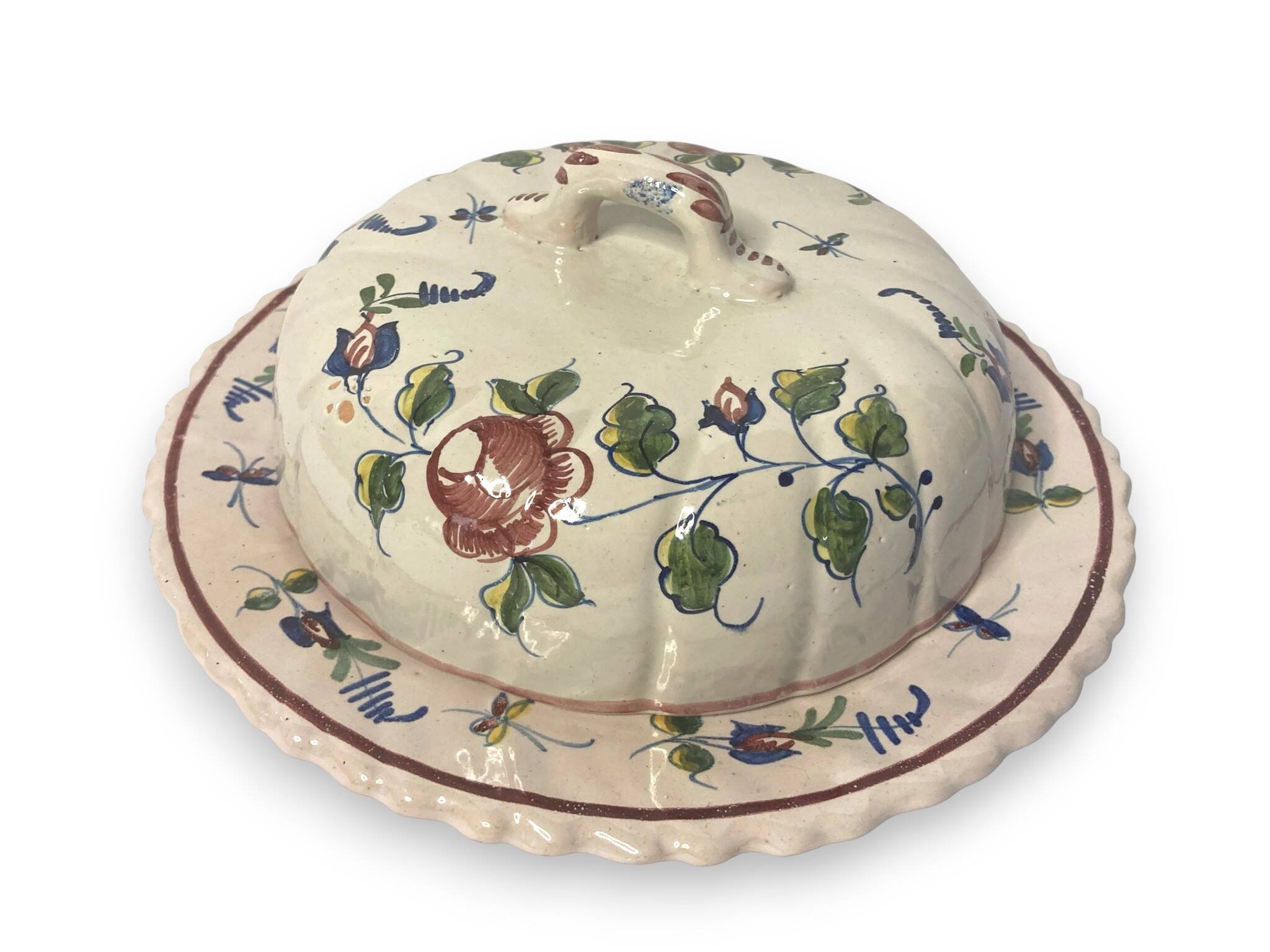 Nevers, cheese dome or butter dish in flowered earthenware, early 20th century