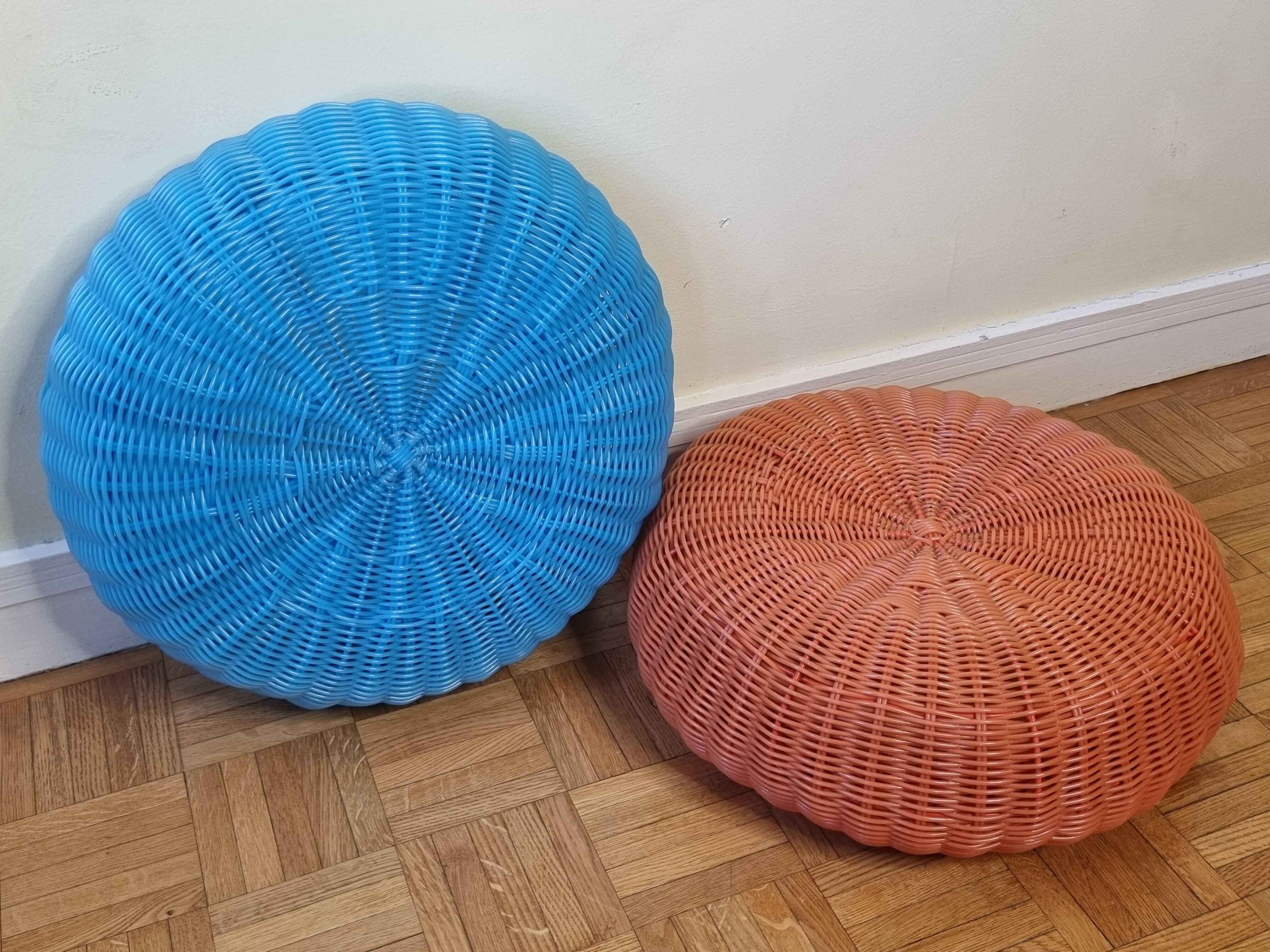 Pair of vintage blue and orange Ikea poufs, 80s