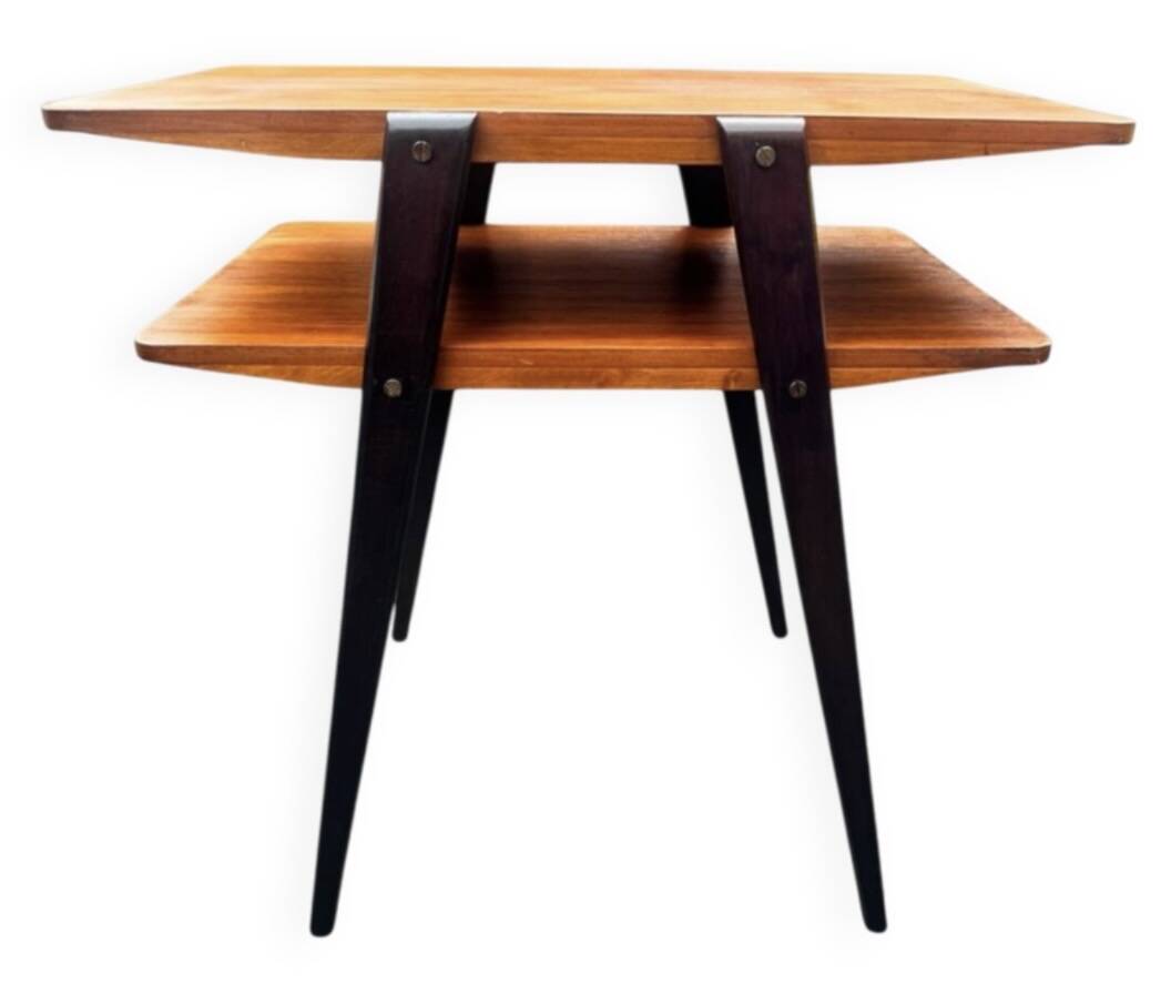 Table d’appoint / chevet scandinave à double plateau Suède 1960