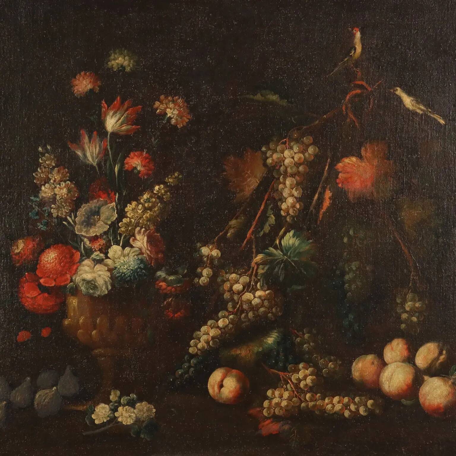 Old painting of still life with flowers, fruits, and birds from the 18th century.