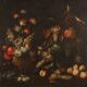 Old painting of still life with flowers, fruits, and birds from the 18th century.