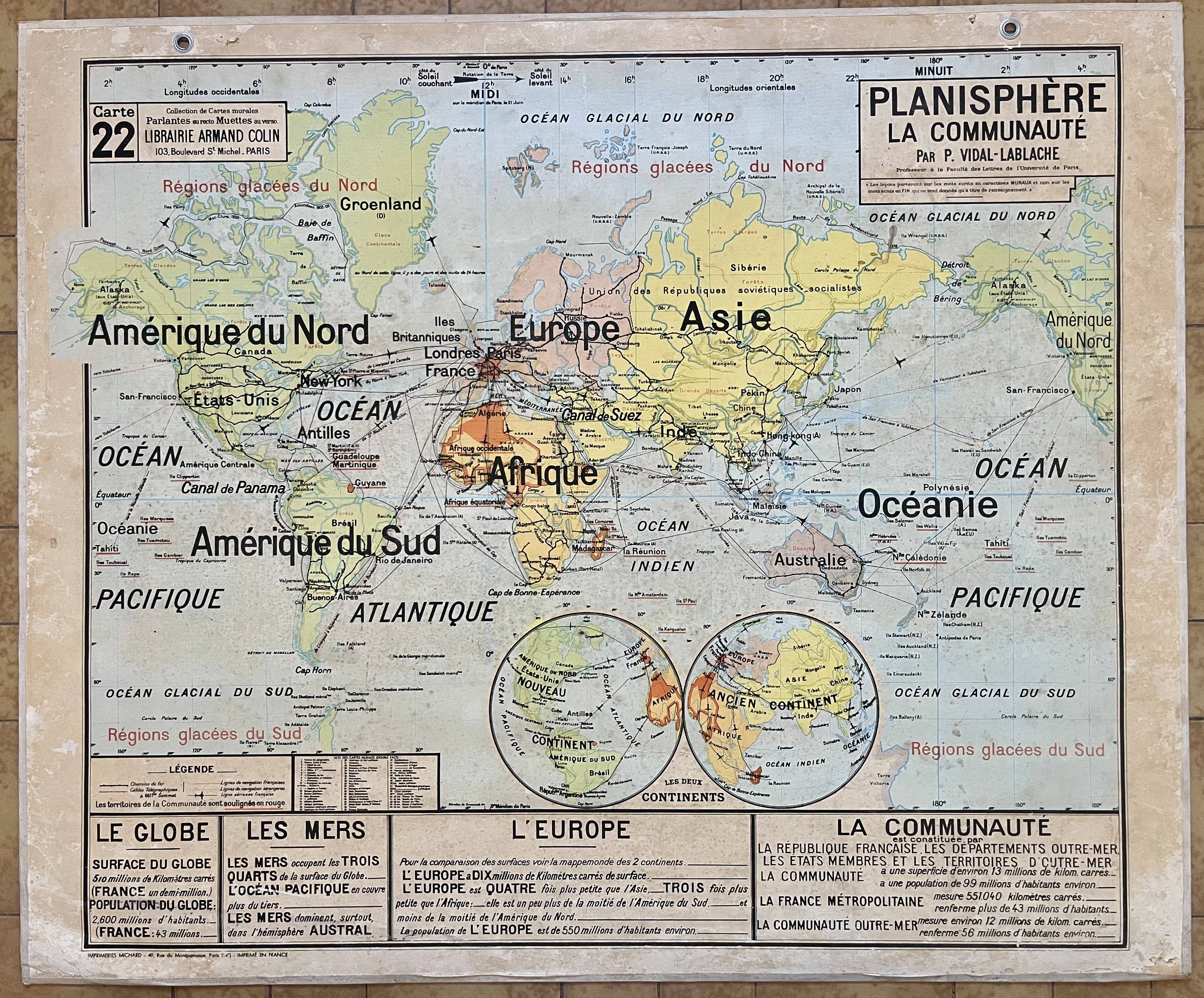 Ancienne carte scolaire Vidal-Lablache 22, 1958 - Planisphère, colonies
