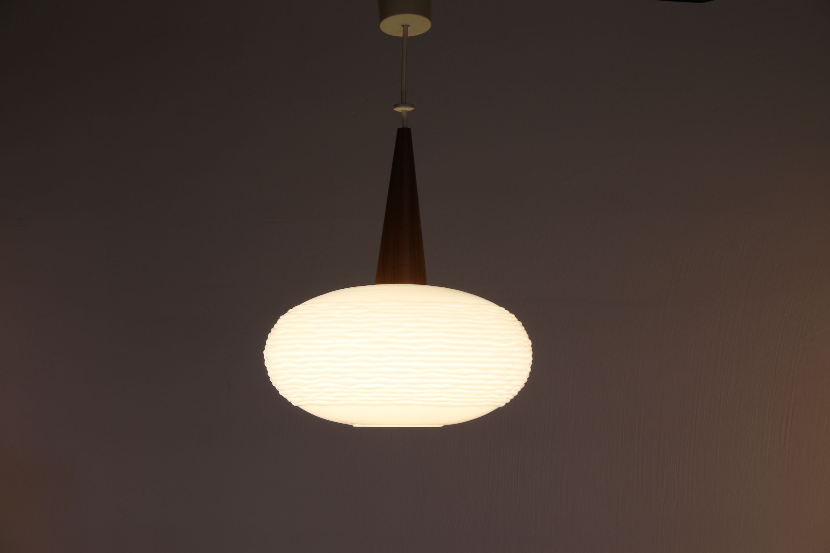 Opaline glass & teak pendant lamp by Louis Kalff for philips, 1960s