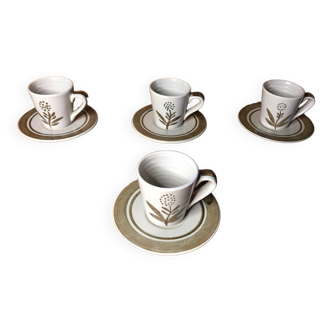 Série de 4 tasses longchamp céramique gris brun décor fleur france vintage #a511