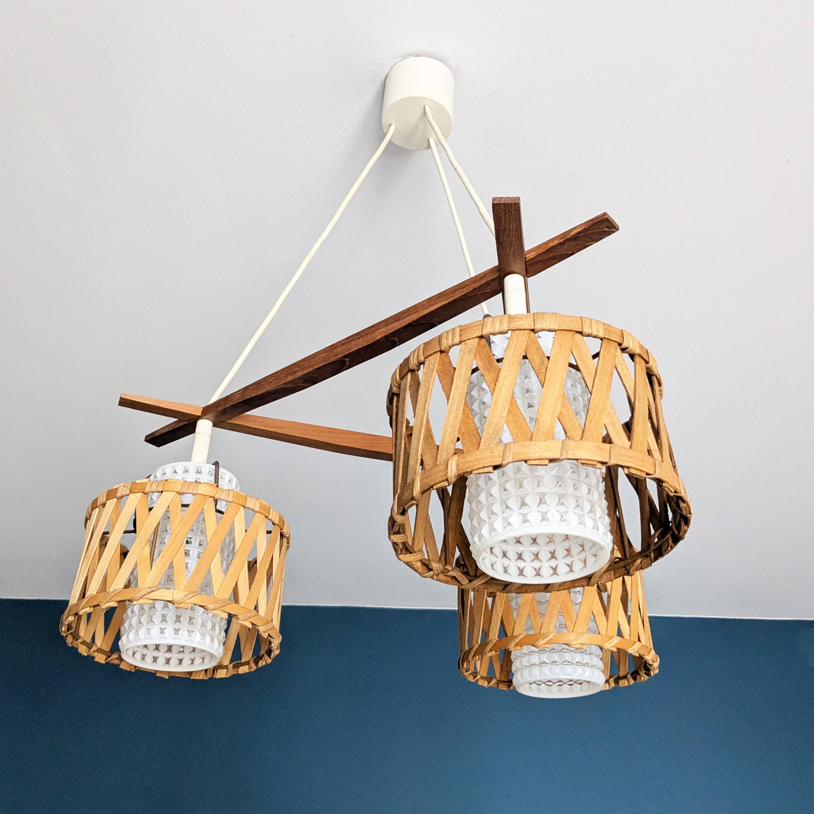 Suspension in teak and rattan, Doria Leuchten from the 1950s.