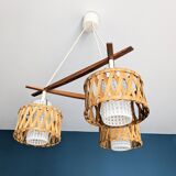 Suspension in teak and rattan, Doria Leuchten from the 1950s.