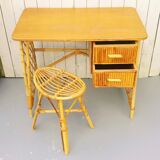 Vintage Louis Sognot rattan desk and stool