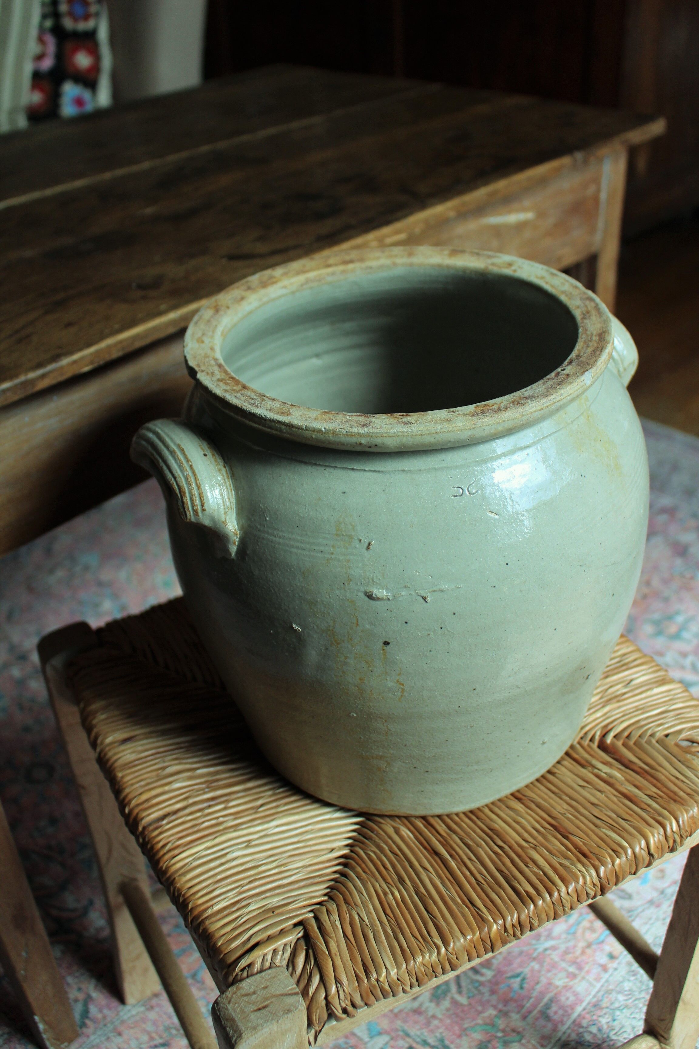 Large Grey Glazed Sandstone Pot Two Handles