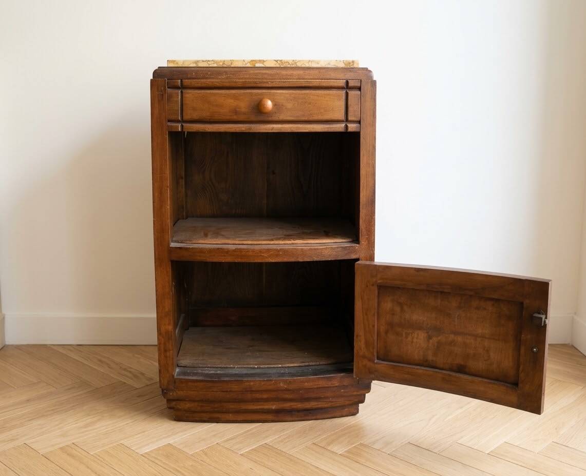 Antique Art Deco bedside table in wood and marble