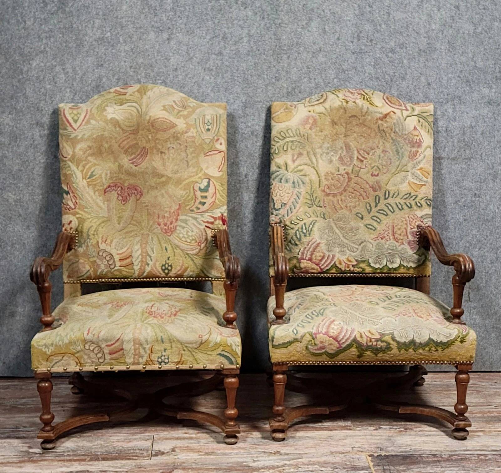 Pair of Louis XIII style walnut armchairs circa 1850 (lot no. 2)
