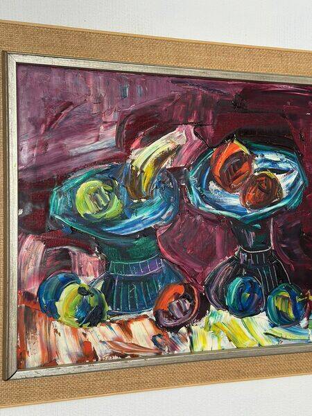 Original mid-century European oil on canvas – “Still Life” by Roy – dated 1969 – vintage & framed – 75 × 64 cm (29.5" × 25.2")