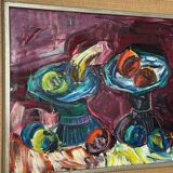 Original mid-century European oil on canvas – “Still Life” by Roy – dated 1969 – vintage & framed – 75 × 64 cm (29.5" × 25.2")