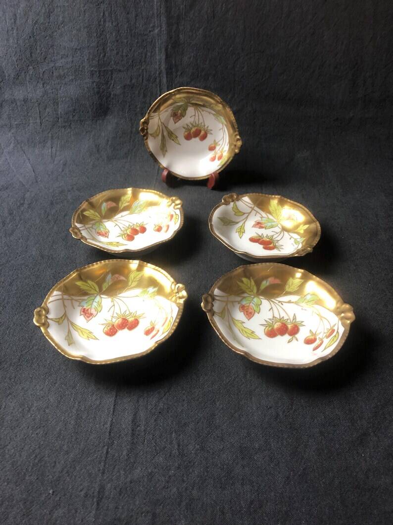 Five Antique Limoges Porcelain Berry Plates: Hand-Painted Gilbert, Gilded