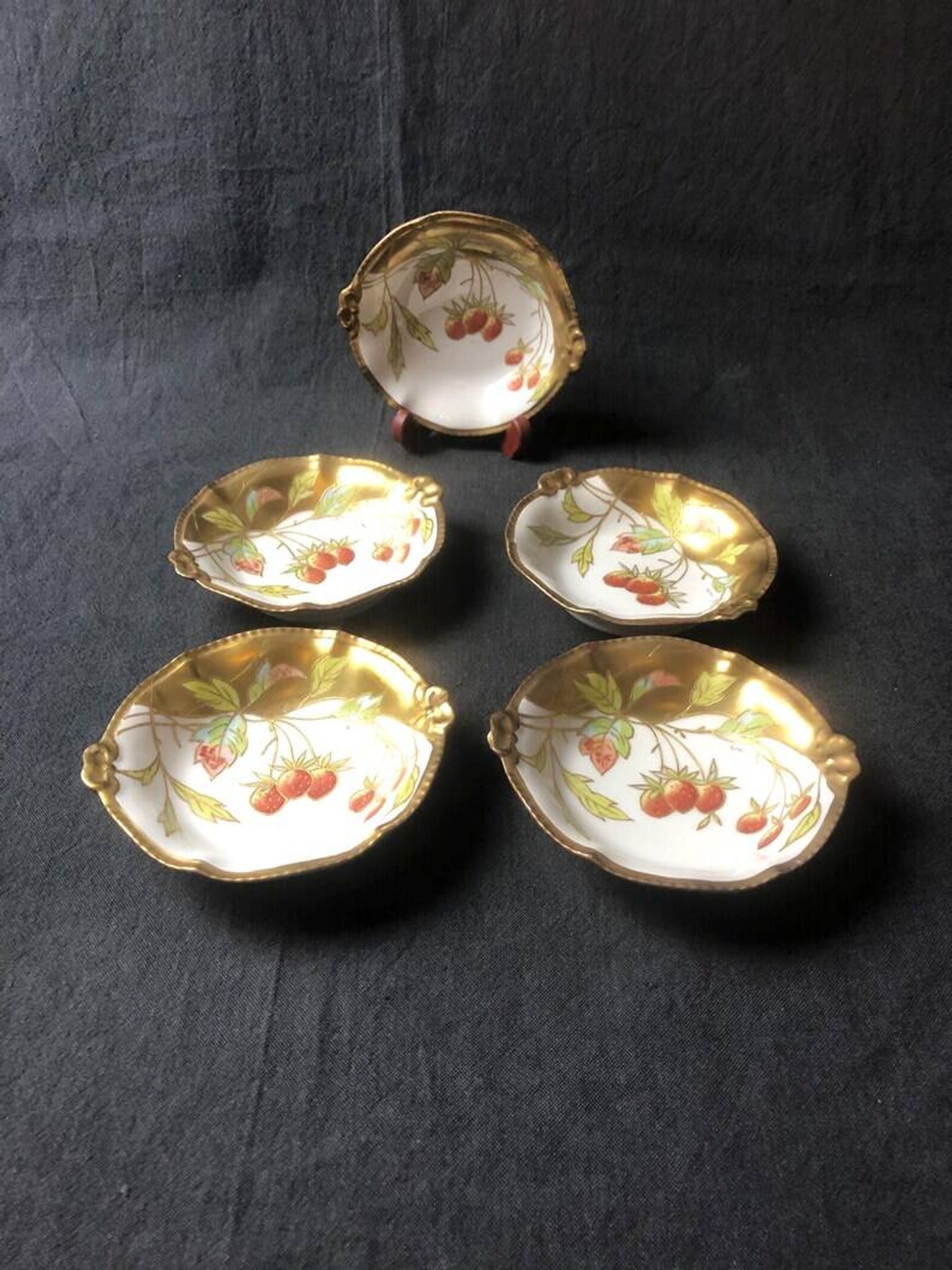 Five Antique Limoges Porcelain Berry Plates: Hand-Painted Gilbert, Gilded