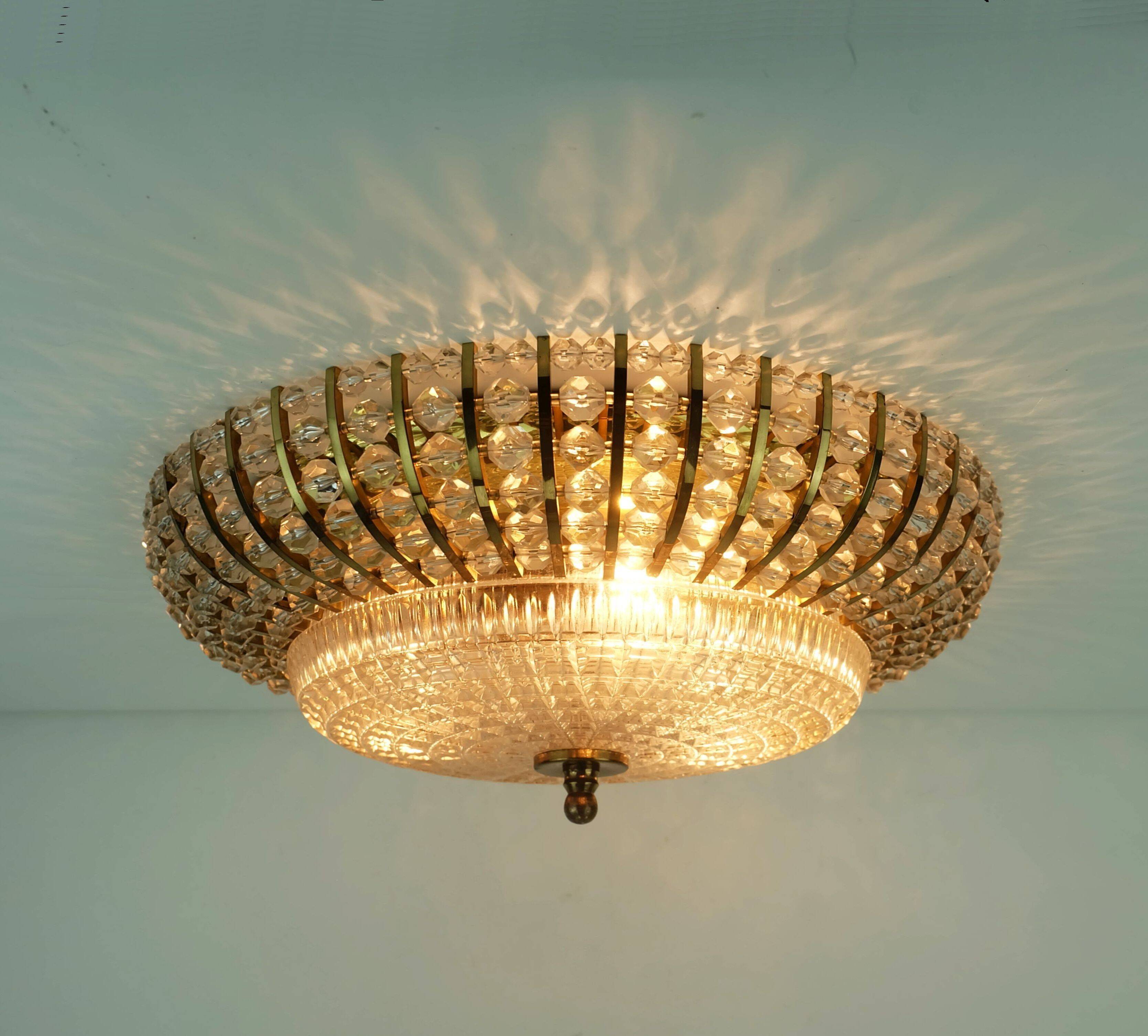 Glamorous 1960s mid century ceiling lamp ceiling fixture brass and glass