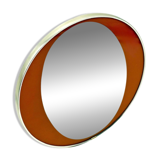 Miroir mural rond italien des années 70 en verre orange et laiton.