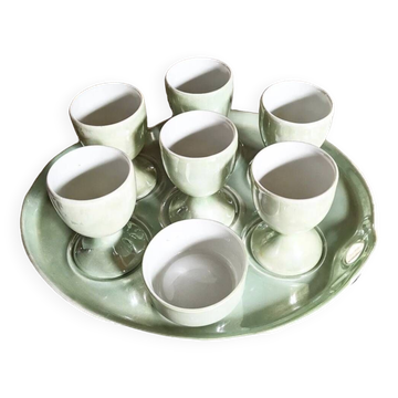 Vintage serving tray and its 6 egg cups.
