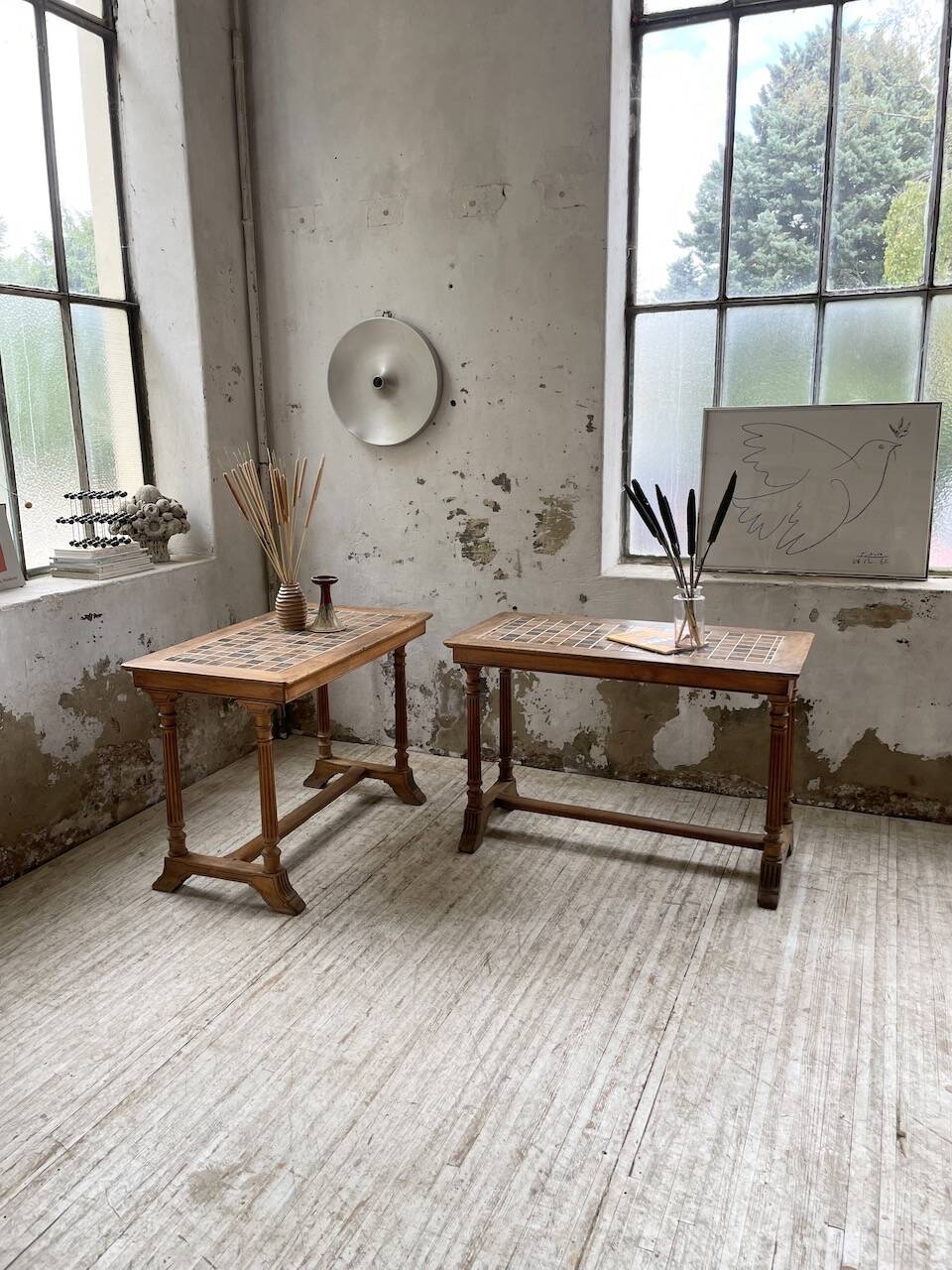 Set of two bistro tables in walnut and tiling from 1890.