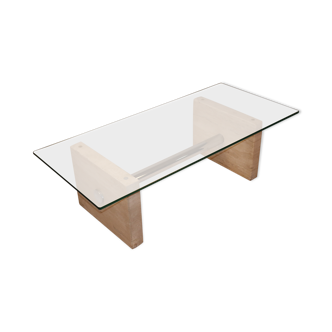 Vintage coffee table in travertine and glass, 1970s