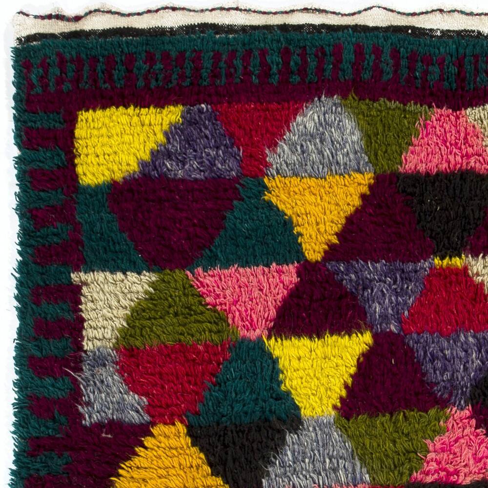 Colorful Vintage Hand-Knotted Turkish Tulu Rug with Geometric Triangle Design, 100% Wool
