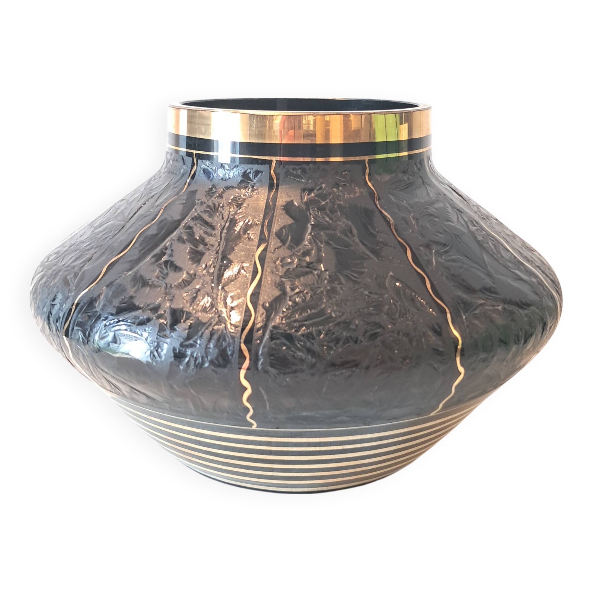 Art Deco Black Hyalite Boom Glass Vase from De Rupel Glassworks