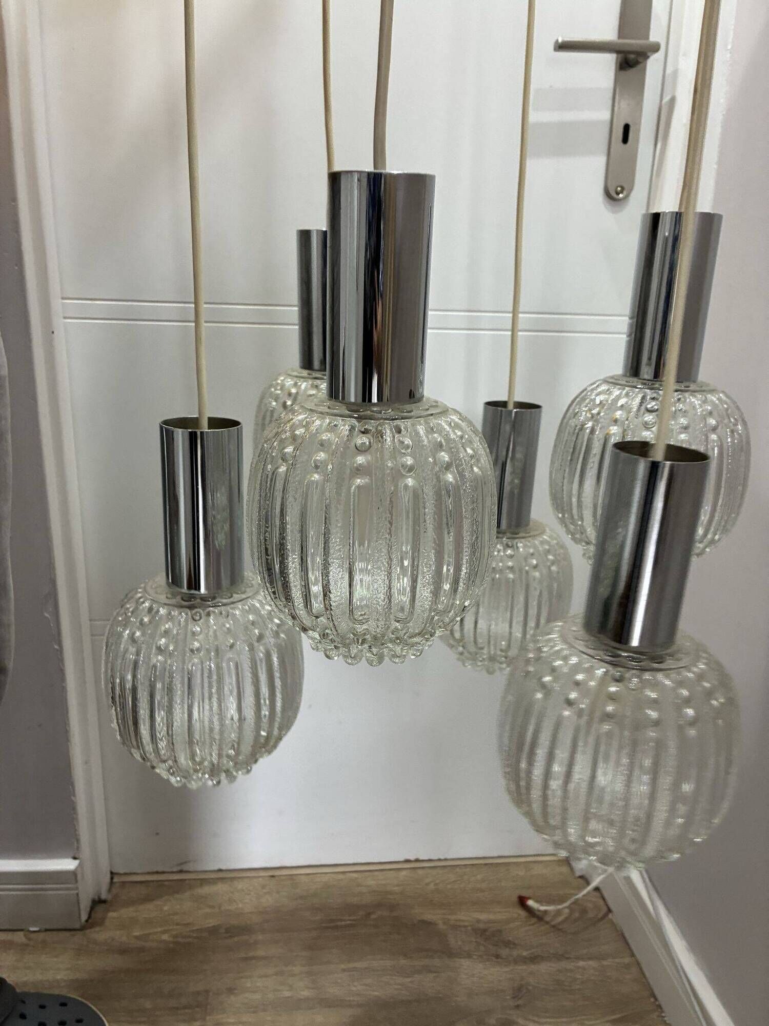 Sölken Leuchten cascade pendant lamp, textured glass and chrome, 1970s