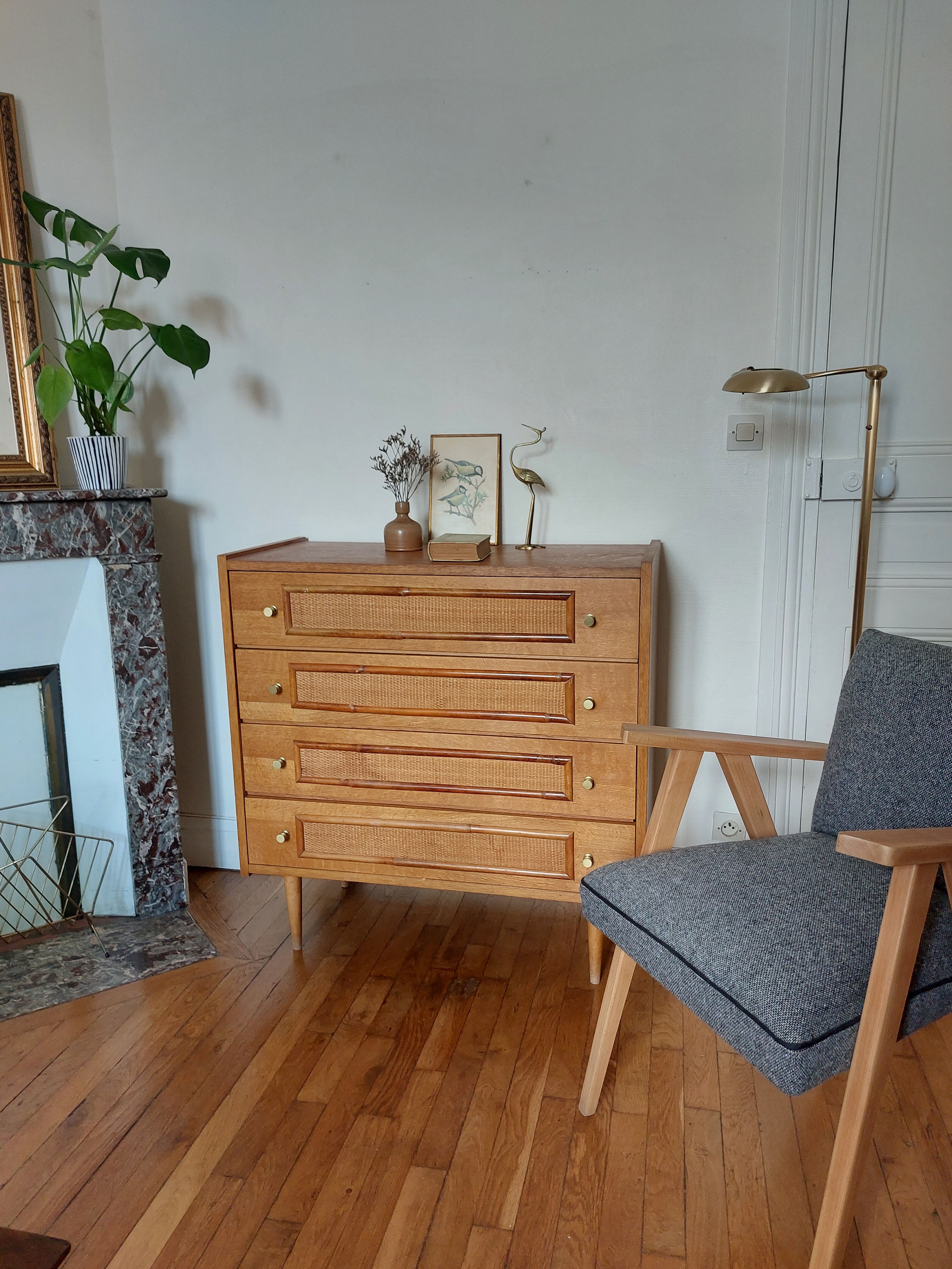 Vintage wood and rattan chest of drawers