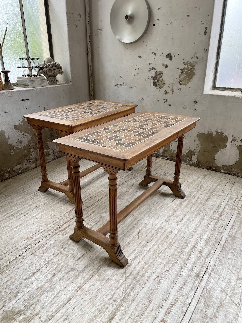 Set of two bistro tables in walnut and tiling from 1890.