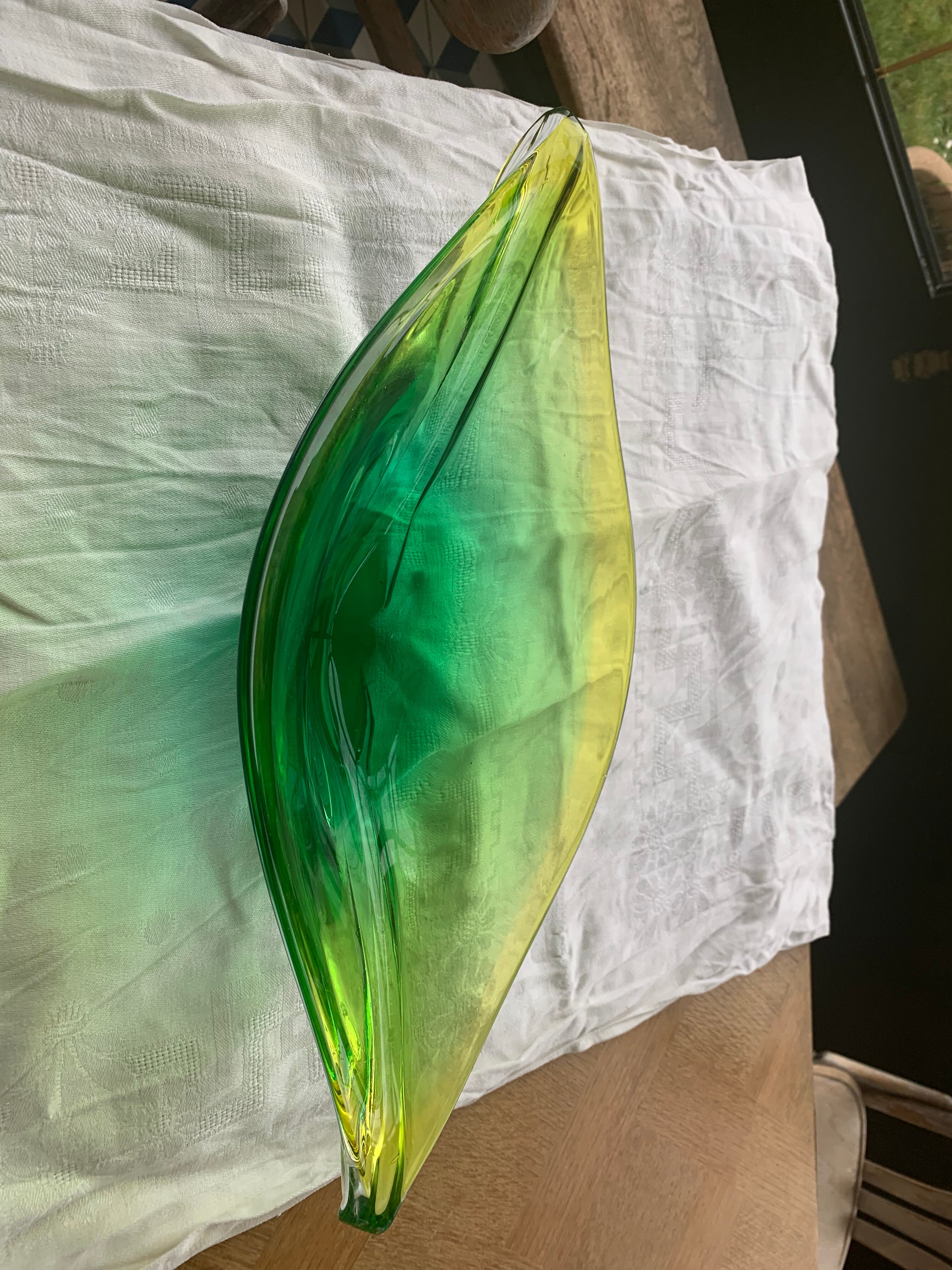Glass fruit cup in the shape of a vintage yellow green vegetable leaf