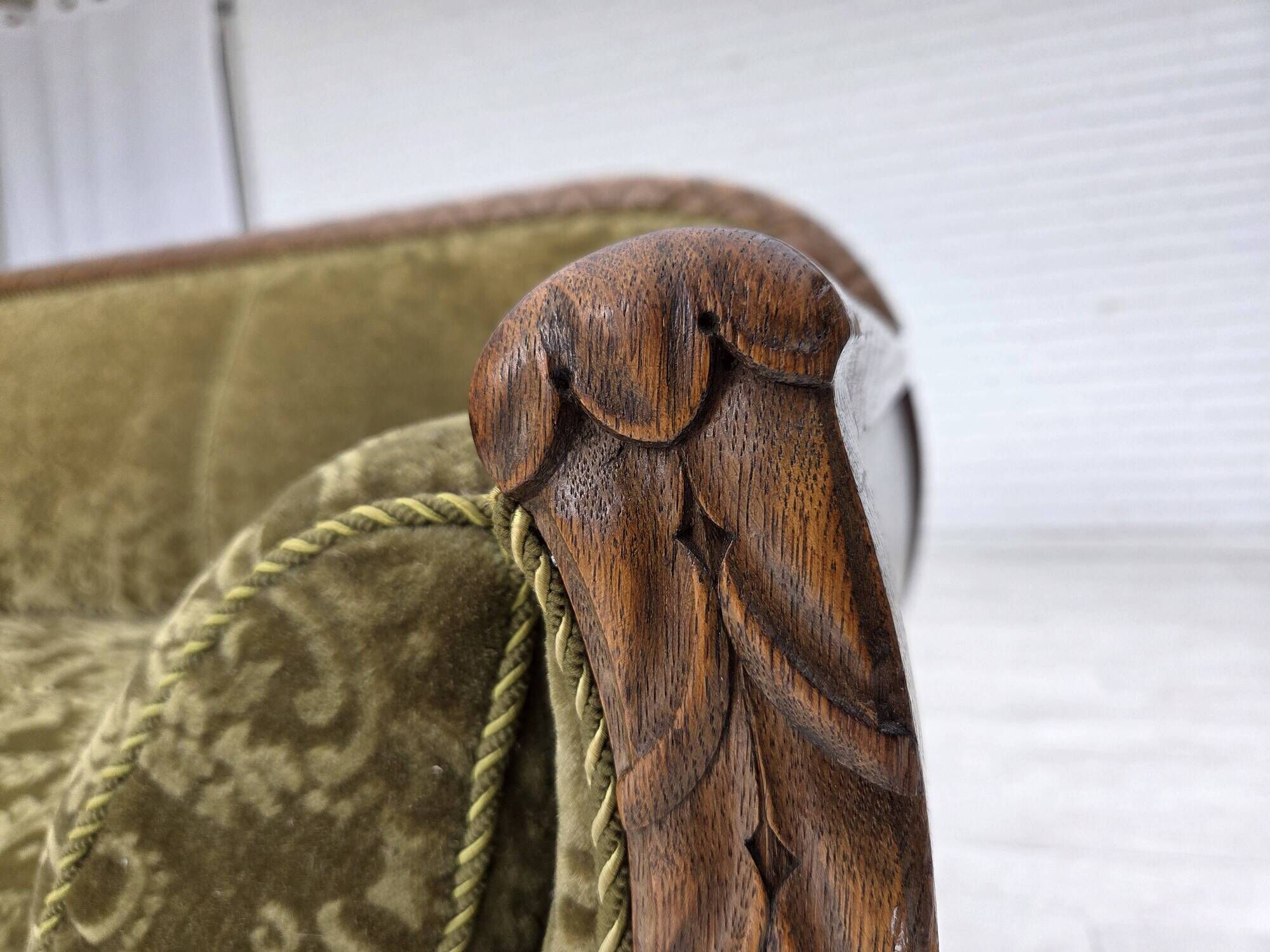 1950s, Danish 3-seater sofa, green furniture velour, oak wood.