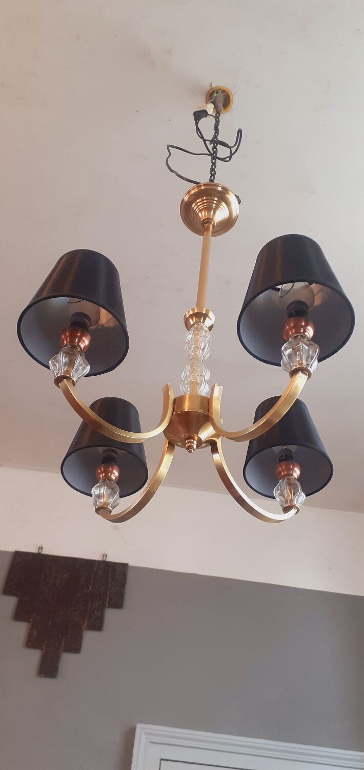 Vintage chandelier year 50 in brass and molded glass
