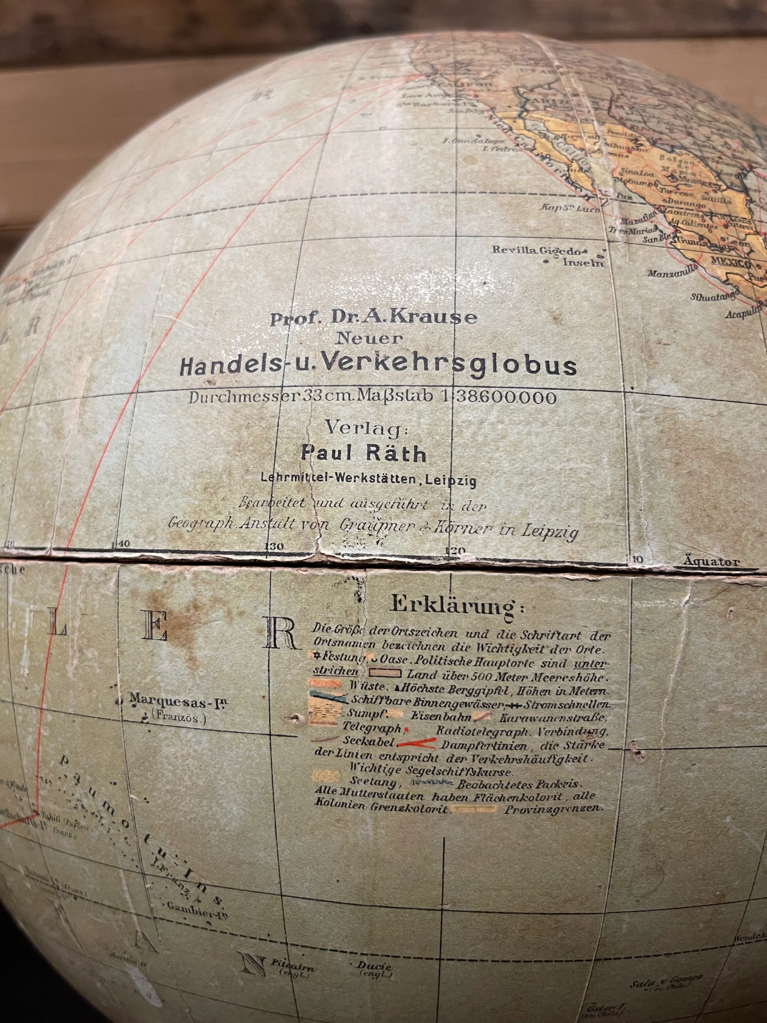 German antique table globe by Paul Räth & Dr A Krause, Leipzig 1920s