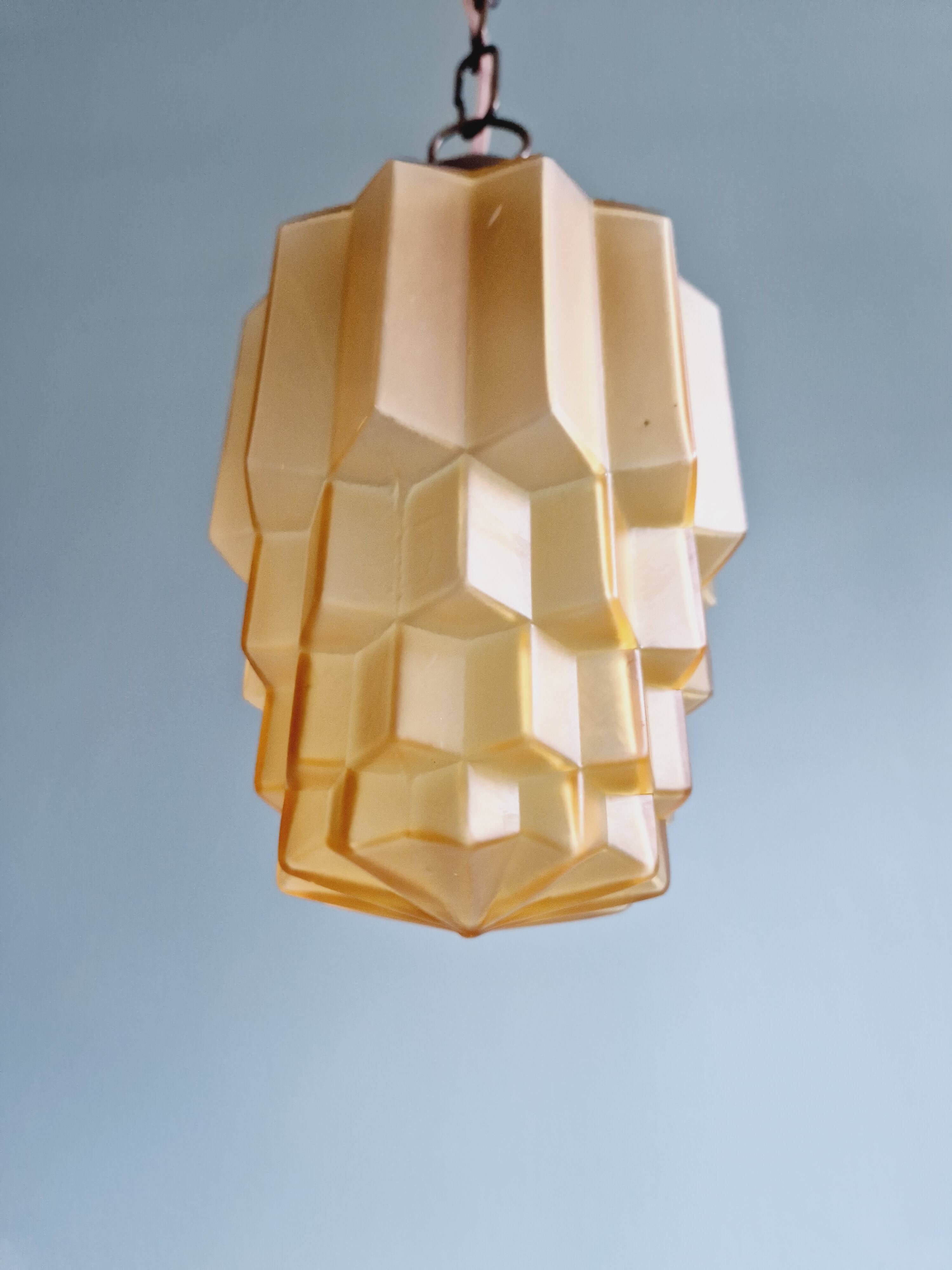 Art Deco Skyscraper type pendant lamp in amber glass, 1920s-30s