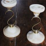 Pair of curved brass candlesticks with onyx