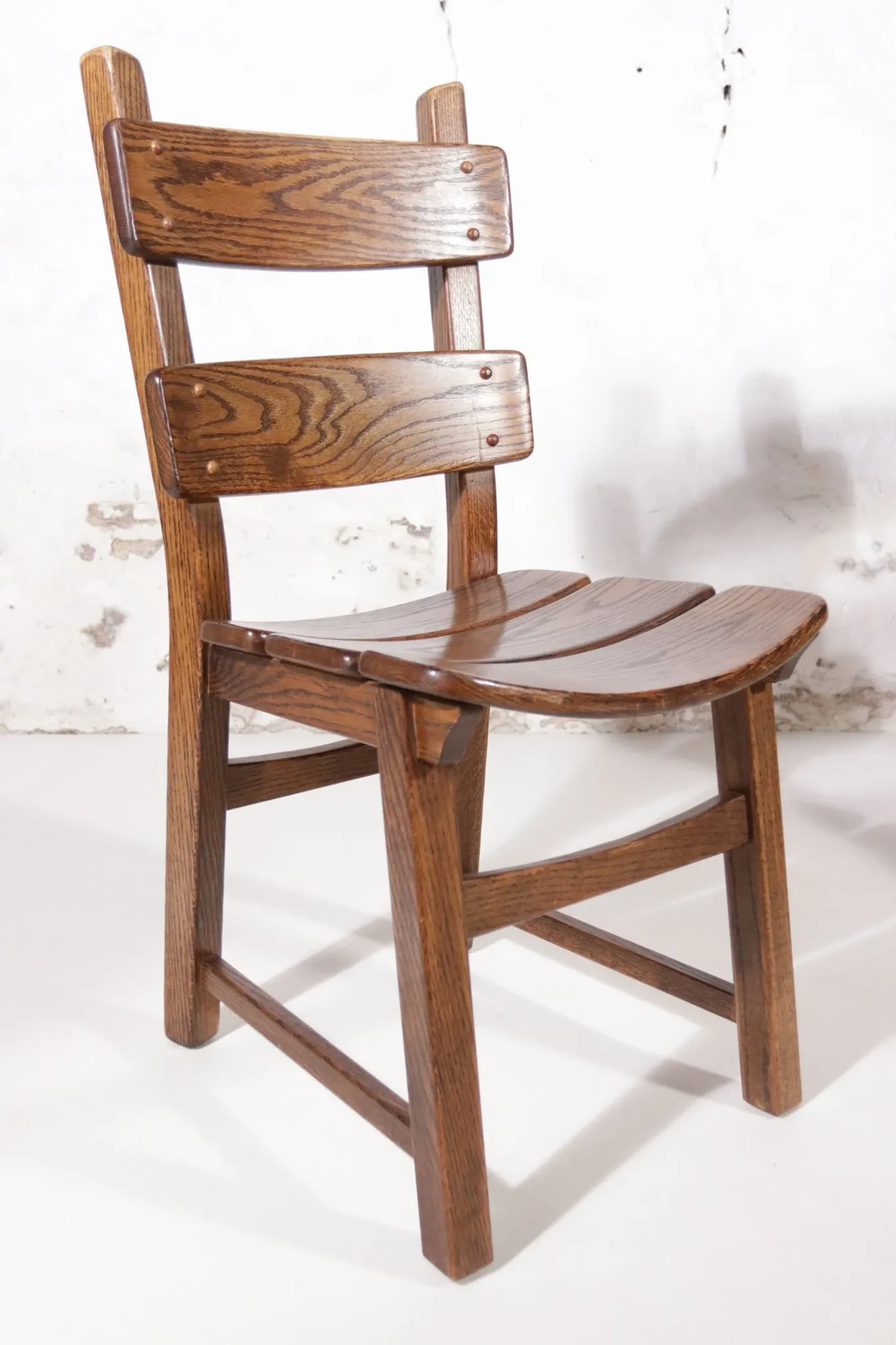 Set of 4 brutalist oak ladderback dining chairs – Netherlands, 1970s
