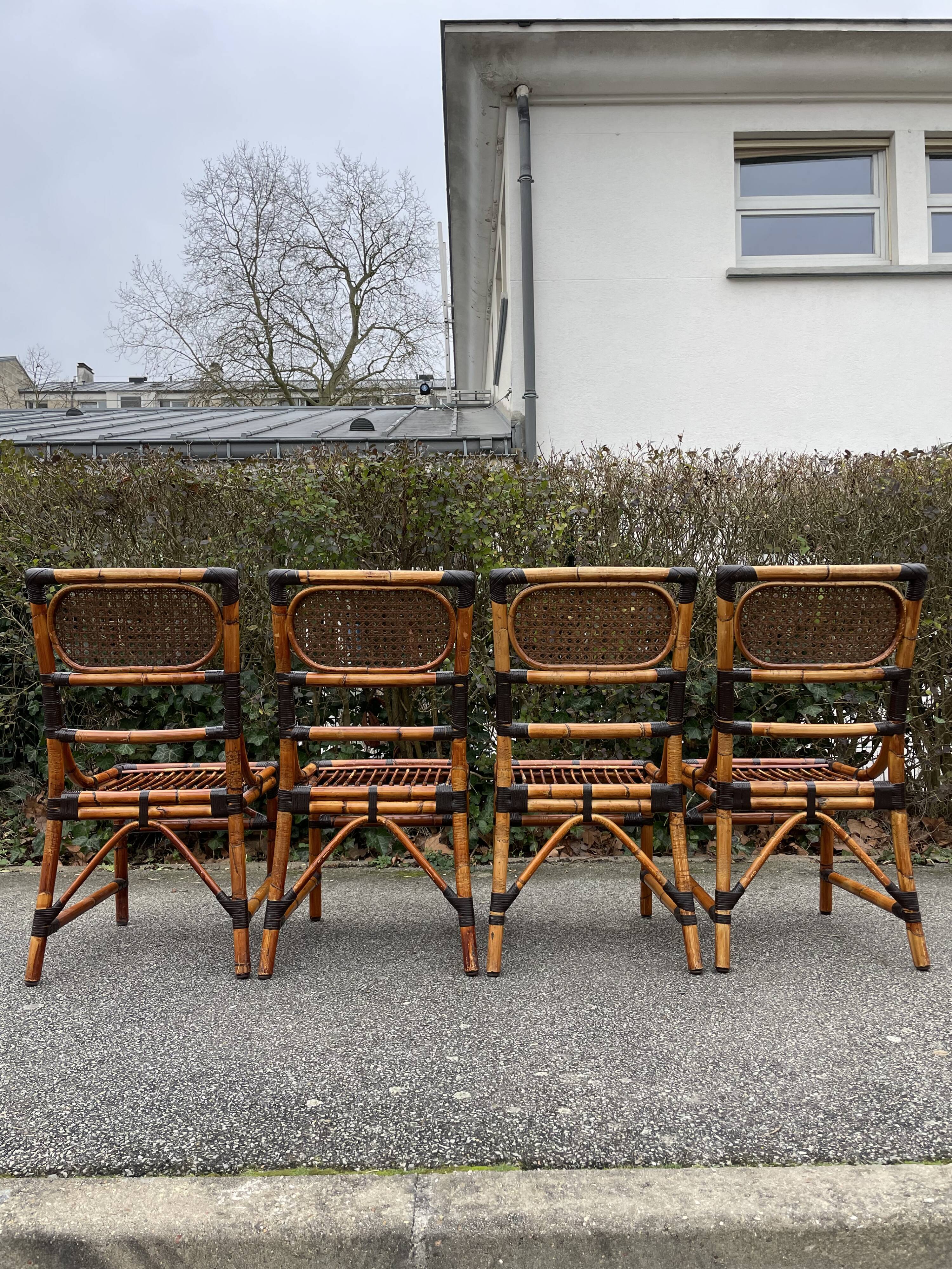 4 chaises en bambou et cannage